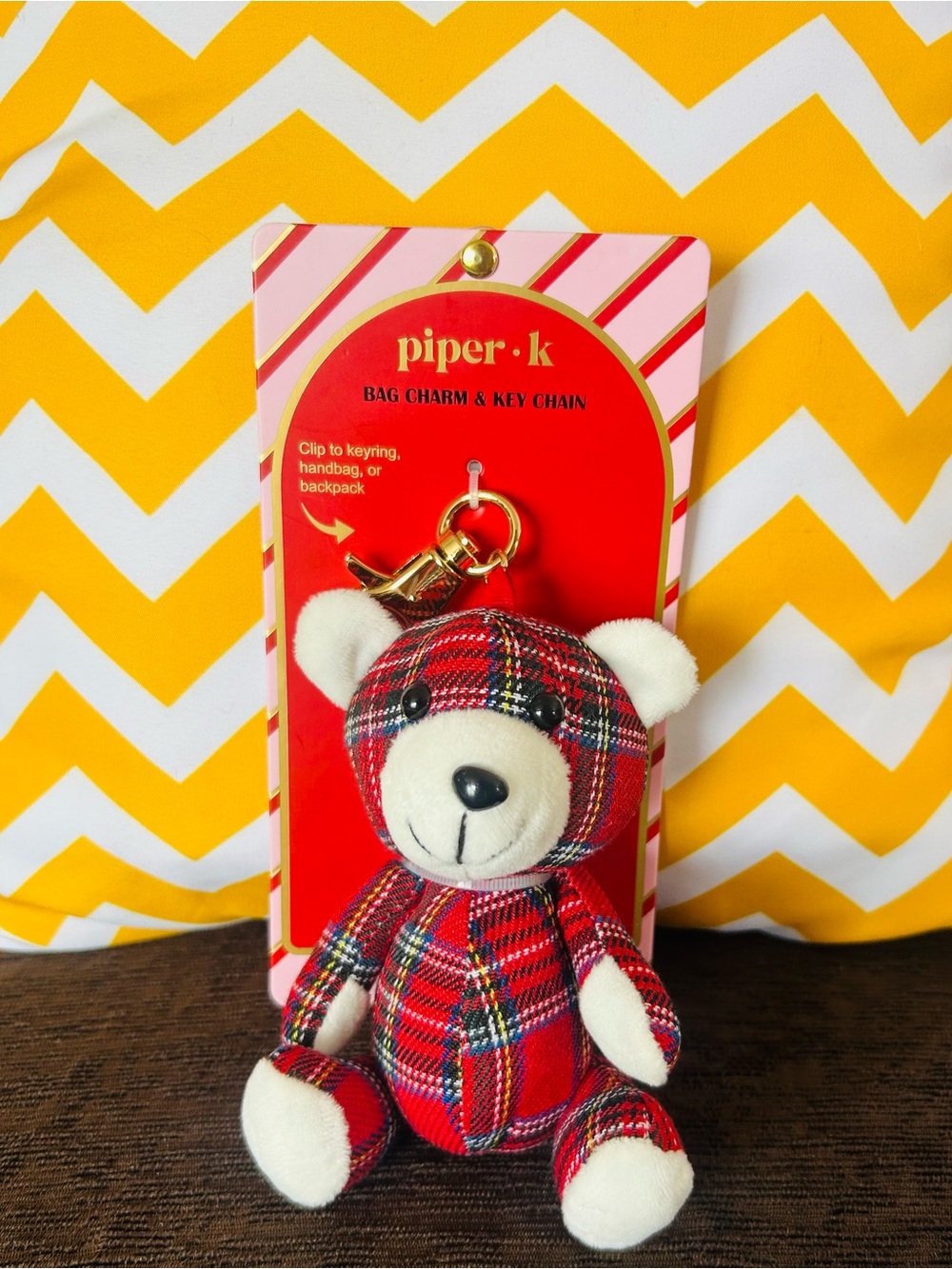 Piper K Red Plaid Teddy Bear Clip Bag Charm Key Chain NWT
